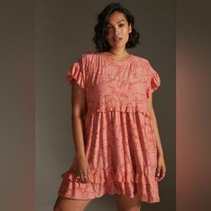 Anthropologie Floral Ruffle Knit Coral Mini Dress Women's Size Petite Medium NWT